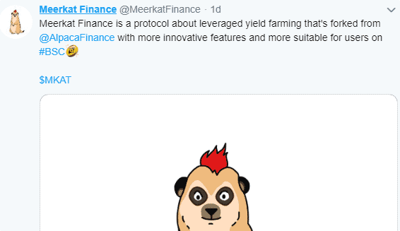 Screenshot of first Meerkat Finance tweet Screenshot of first Meerkat Finance tweet