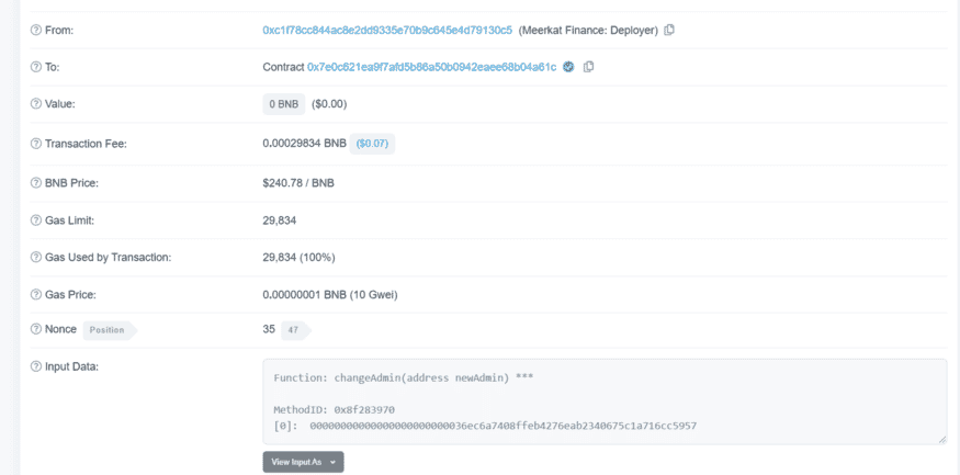 Screenshot of transaction of supposed admin change transaction Screenshot of transaction of supposed admin change transaction