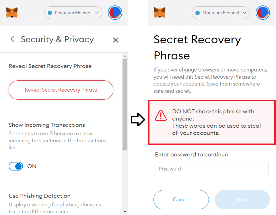 MetaMask screenshot of secret recovery phrase MetaMask screenshot of secret recovery phrase