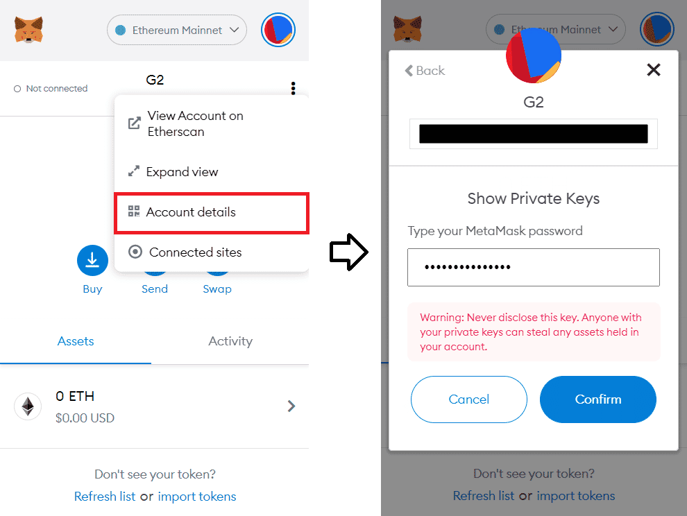 MetaMask screenshot of exporting private keys MetaMask screenshot of exporting private keys